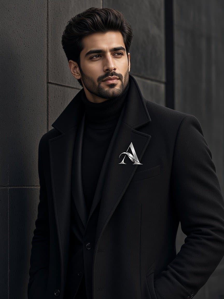 Man wearing a black wool overcoat with the A emblem